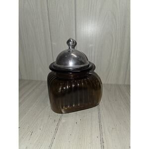 Vintage Artland Ribbed Glass Canister Jar 10” Amber Brown Pewter Lid Apothecary